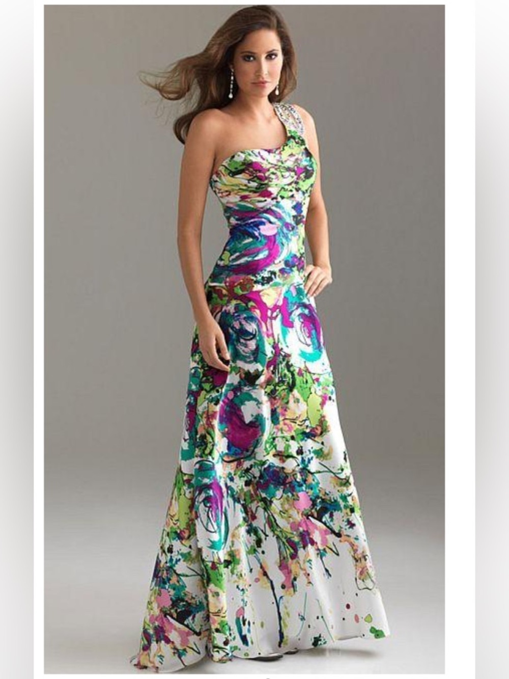 Night Moves One-Shoulder Multicolor Splash Print Gown sz 4